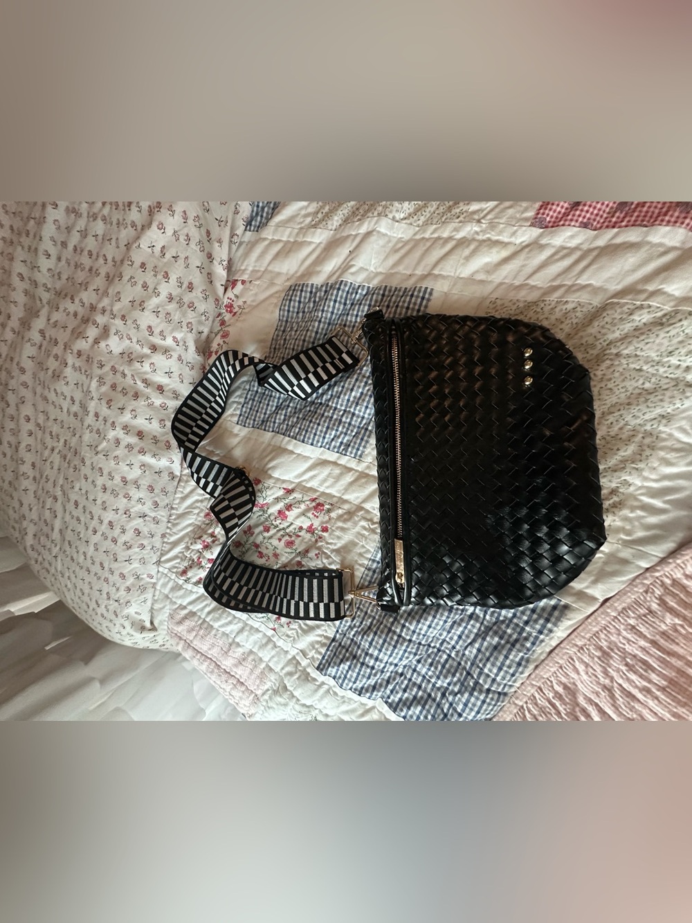Black Woven Crossbody Bag with Striped Adjustable Strap